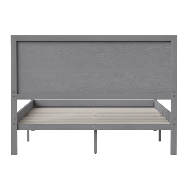 Solid Wood Full Platform Bed with Headboard and Wooden Slats in Gray