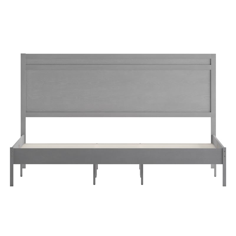 Solid Wood King Platform Bed with Headboard and Wooden Slats in Gray
