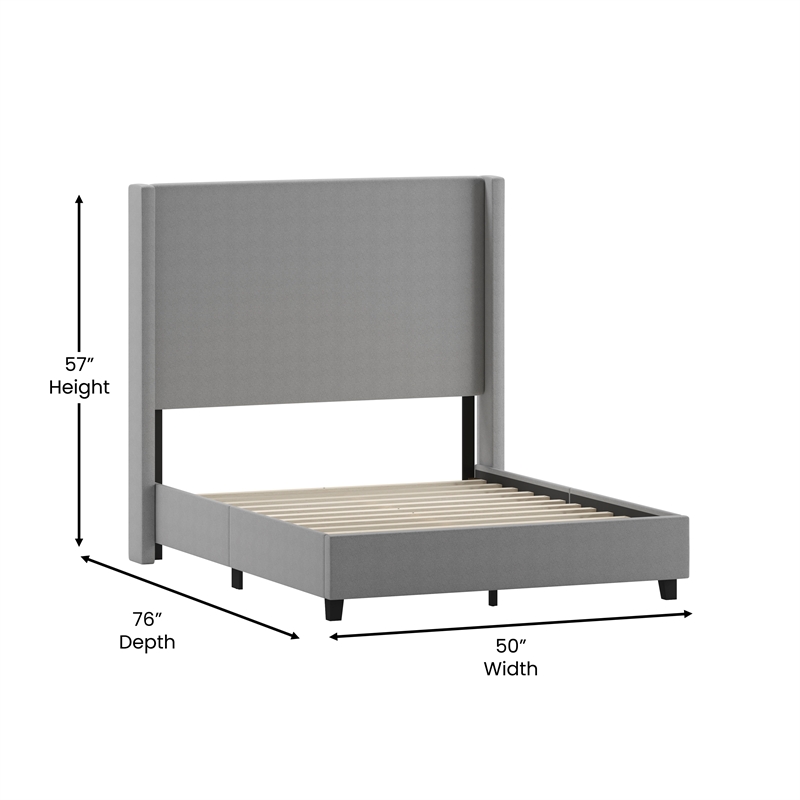 Full Size Upholstered Platform Bed with Channel Stitched Headboard in Gray