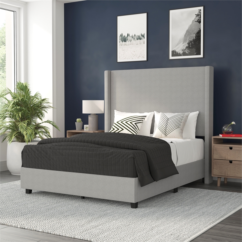 Full Size Upholstered Platform Bed with Channel Stitched Headboard in Gray