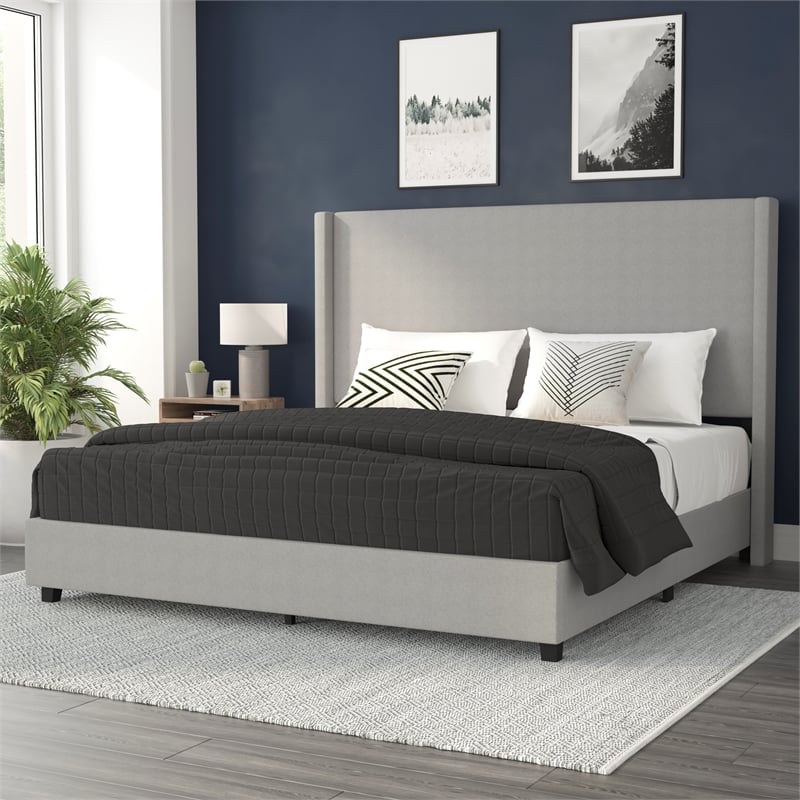 King Size Upholstered Platform Bed with Channel Stitched Headboard in Gray