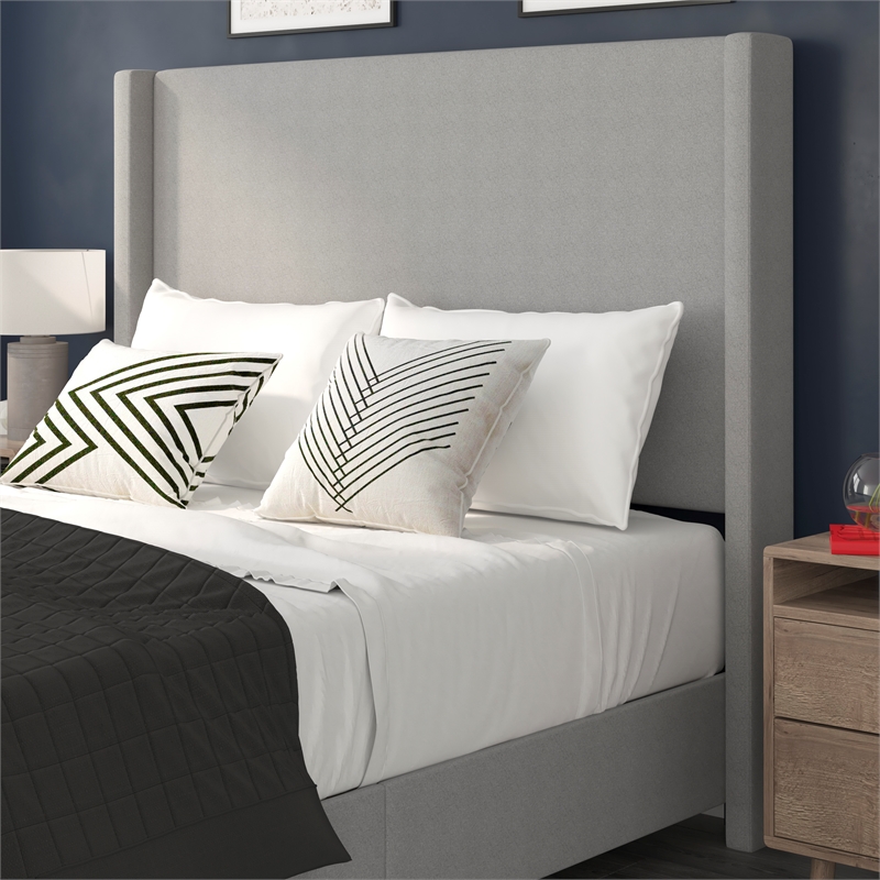 Queen Size Upholstered Platform Bed with Channel Stitched Headboard in Gray