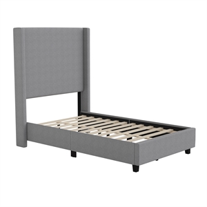 Twin Size Upholstered Platform Bed with Channel Stitched Headboard in Gray