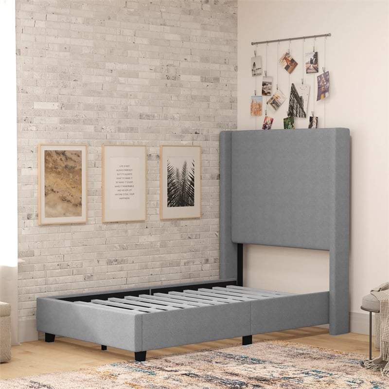 Twin Size Upholstered Platform Bed with Channel Stitched Headboard in Gray