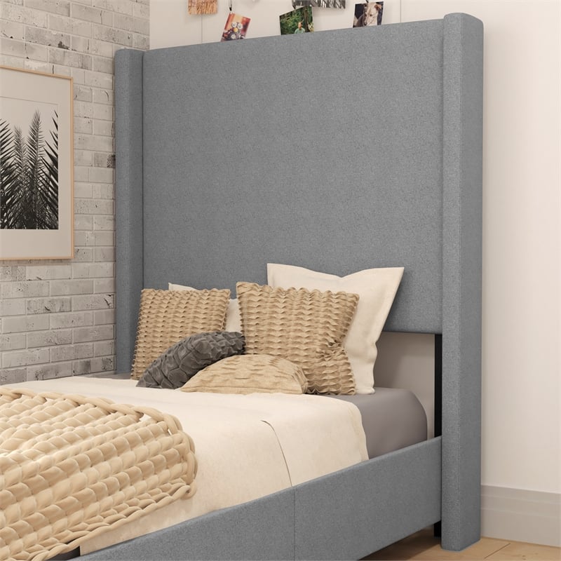 Twin Size Upholstered Platform Bed with Channel Stitched Headboard in Gray