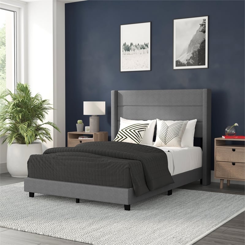 Full Size Upholstered Platform Bed with Wingback Headboard-Gray Faux Linen