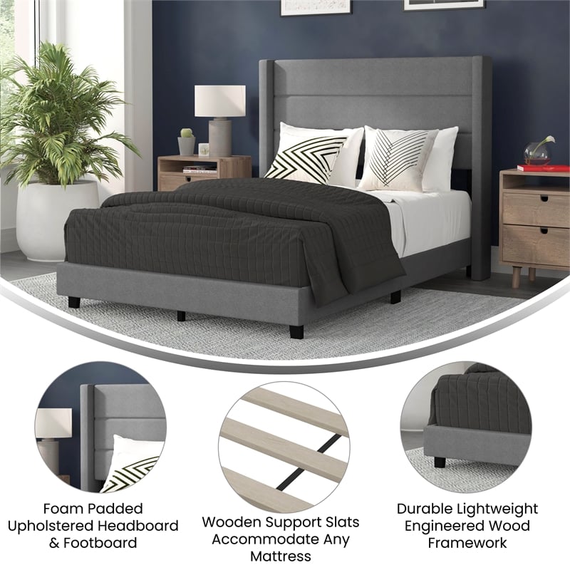 Full Size Upholstered Platform Bed with Wingback Headboard-Gray Faux Linen