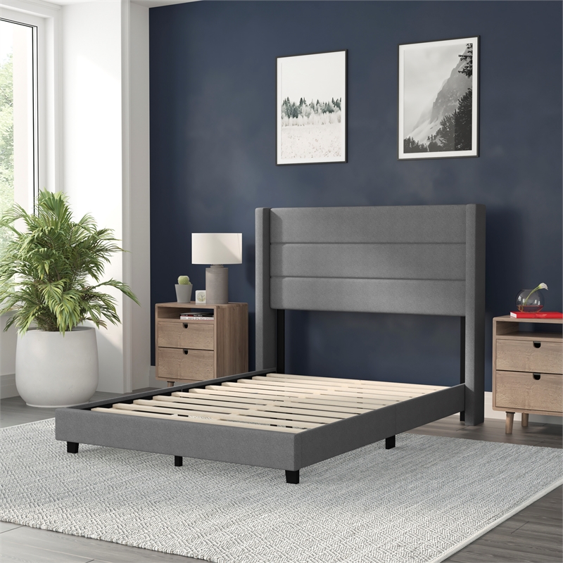 Full Size Upholstered Platform Bed with Wingback Headboard-Gray Faux Linen