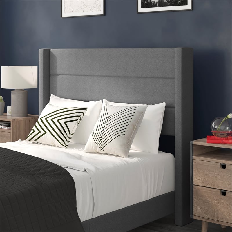 Full Size Upholstered Platform Bed with Wingback Headboard-Gray Faux Linen
