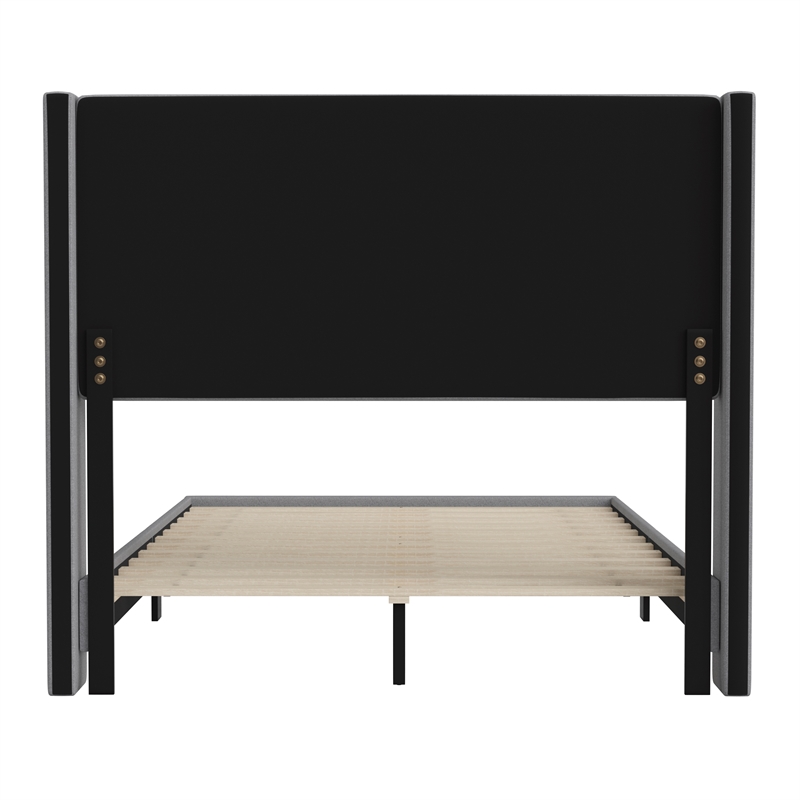 Full Size Upholstered Platform Bed with Wingback Headboard-Gray Faux Linen