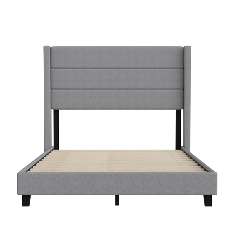 Full Size Upholstered Platform Bed with Wingback Headboard-Gray Faux Linen