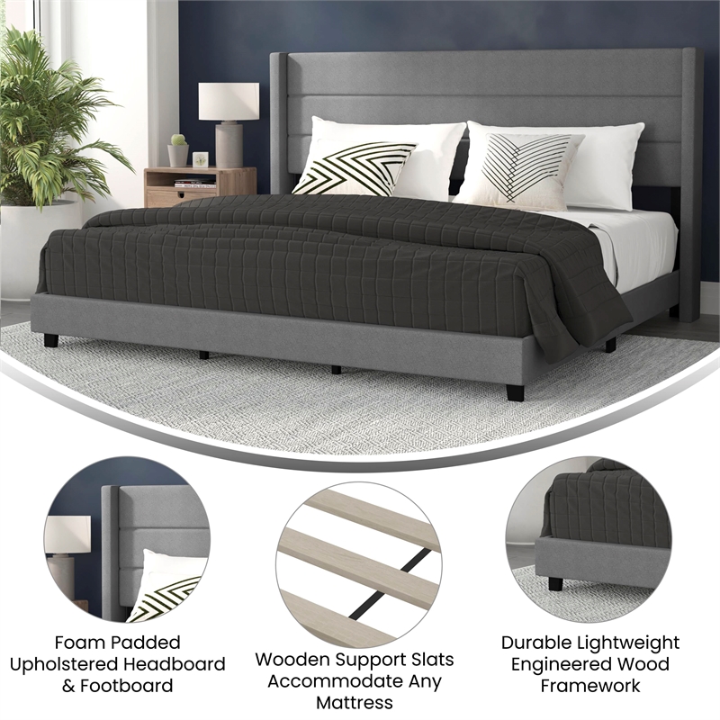 King Size Upholstered Platform Bed with Wingback Headboard-Gray Faux Linen