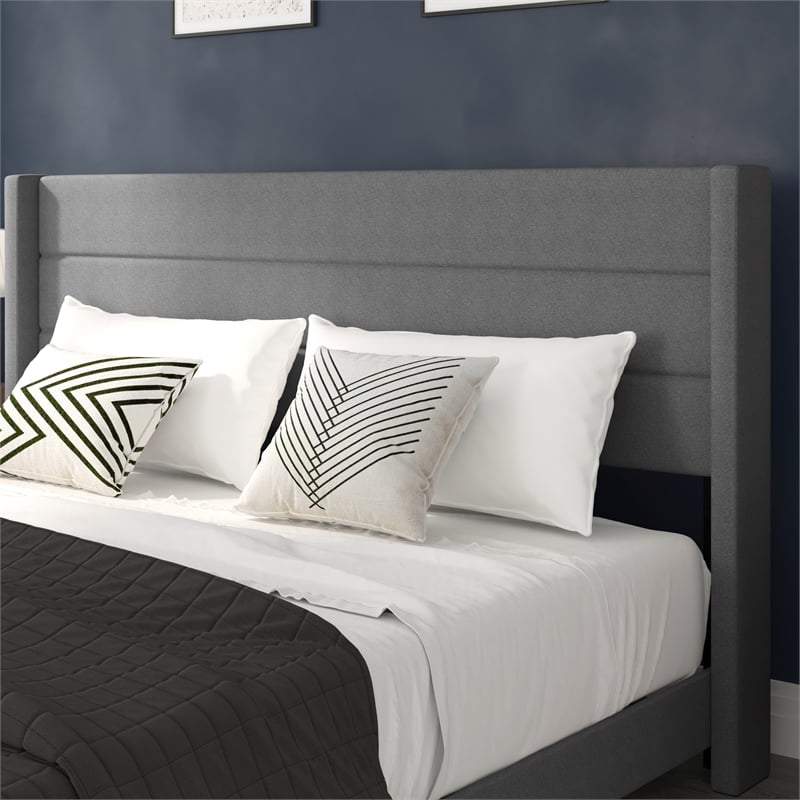 King Size Upholstered Platform Bed with Wingback Headboard-Gray Faux Linen