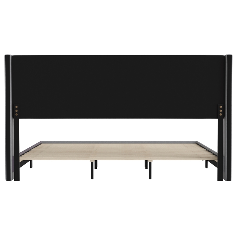 King Size Upholstered Platform Bed with Wingback Headboard-Gray Faux Linen