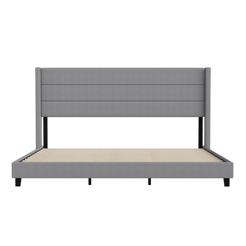 King Size Upholstered Platform Bed with Wingback Headboard-Gray Faux Linen