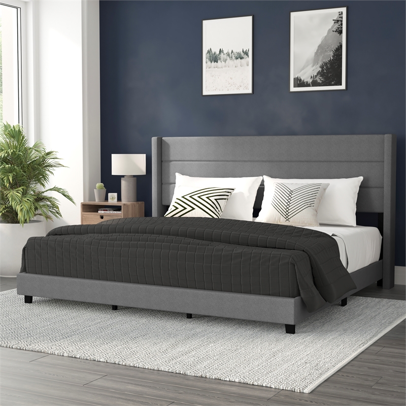 King Size Upholstered Platform Bed with Wingback Headboard-Gray Faux Linen