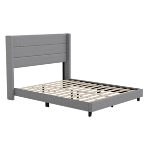 Queen Size Upholstered Platform Bed with Wingback Headboard-Gray Faux Linen