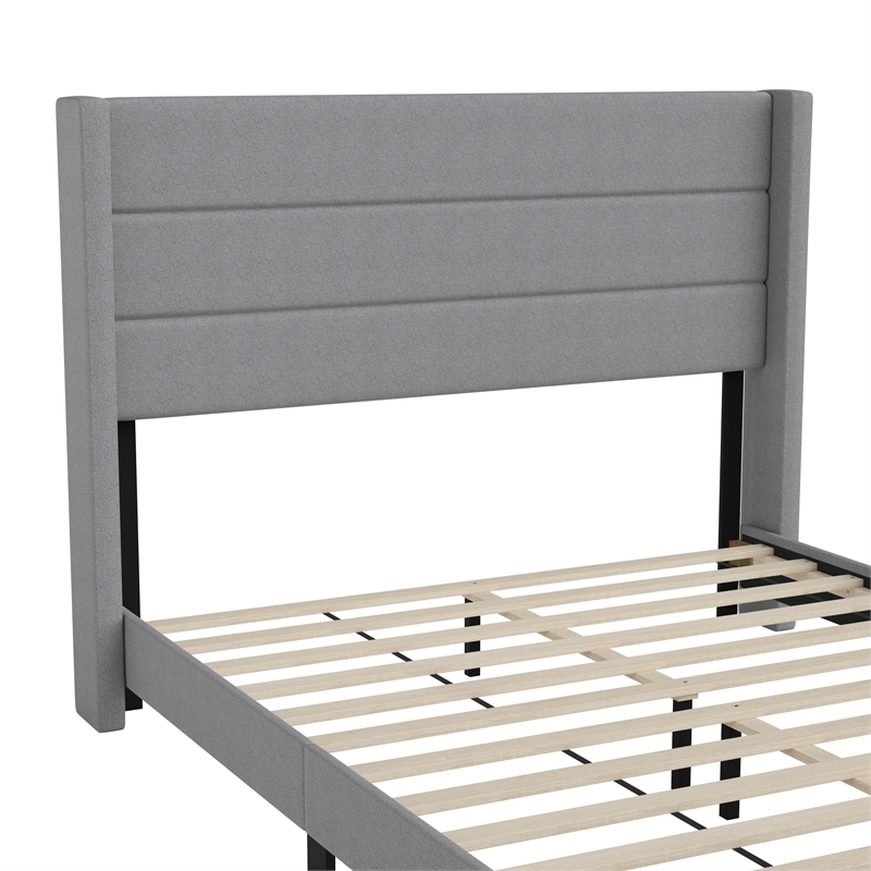 Queen Size Upholstered Platform Bed with Wingback Headboard-Gray Faux Linen