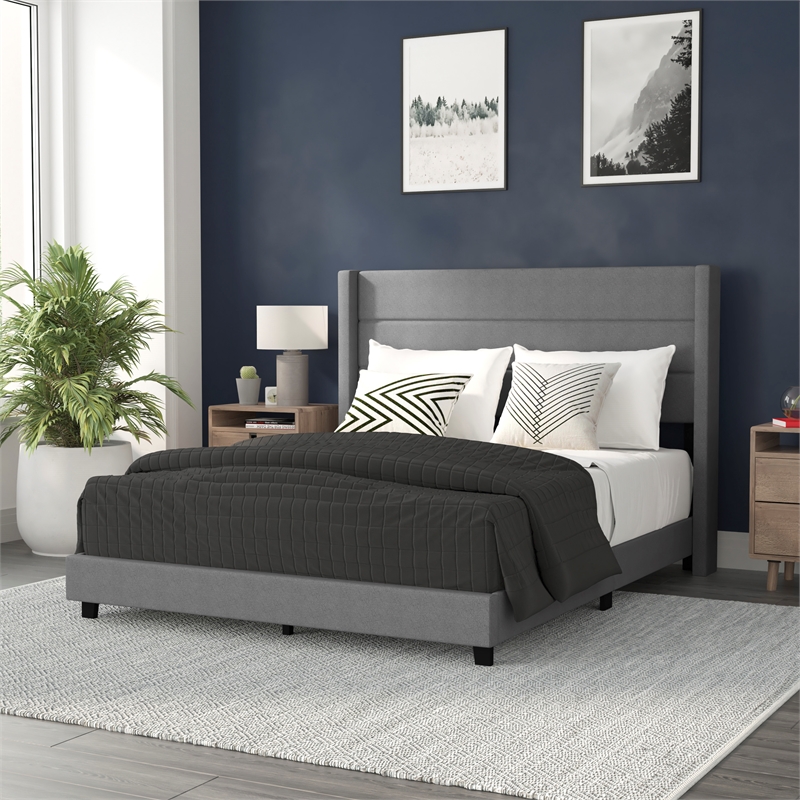 Queen Size Upholstered Platform Bed with Wingback Headboard-Gray Faux Linen