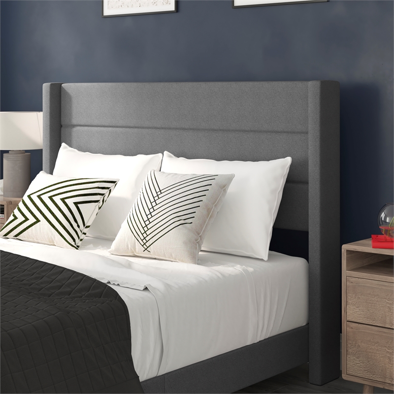 Queen Size Upholstered Platform Bed with Wingback Headboard-Gray Faux Linen