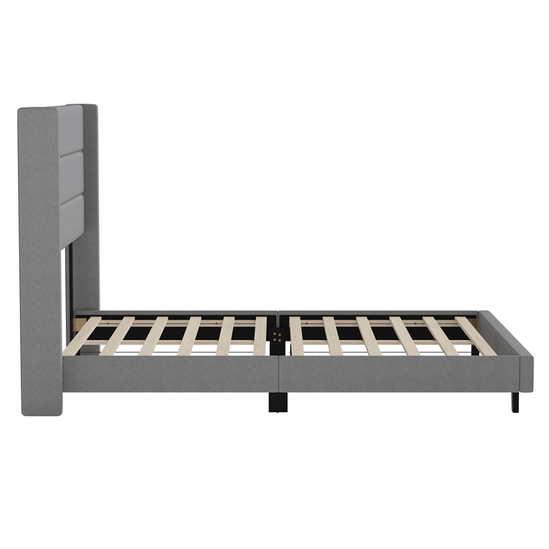 Queen Size Upholstered Platform Bed with Wingback Headboard-Gray Faux Linen