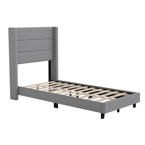 Twin Size Upholstered Platform Bed with Wingback Headboard-Gray Faux Linen