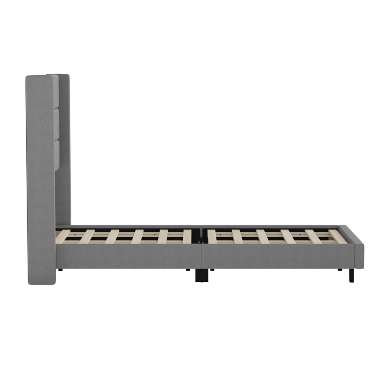 Twin Size Upholstered Platform Bed with Wingback Headboard-Gray Faux Linen