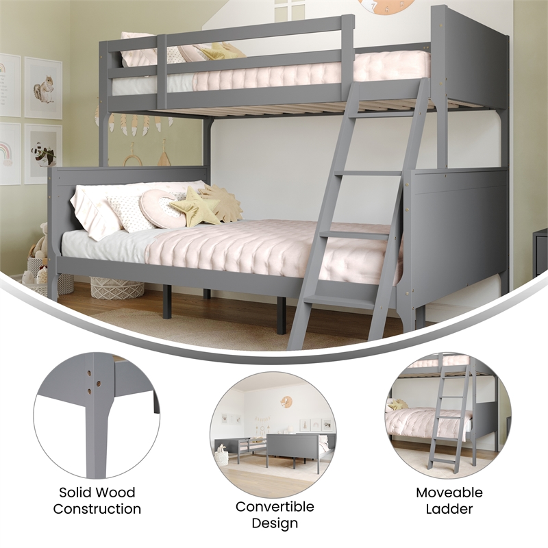 Twin Over Full Convertible Slatted Solid Wood Bunk Bed Frame for Kids in Gray