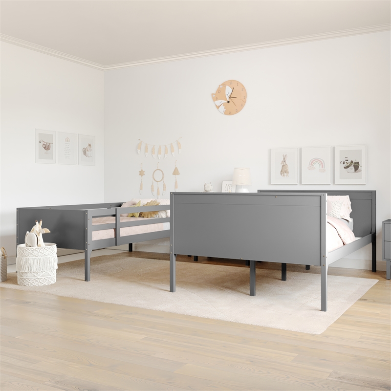 Twin Over Full Convertible Slatted Solid Wood Bunk Bed Frame for Kids in Gray