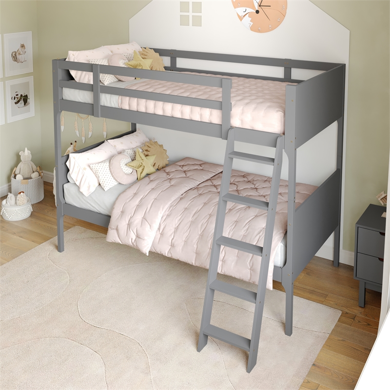 Twin Over Twin Convertible Slatted Solid Wood Bunk Bed Frame for Kids in Gray