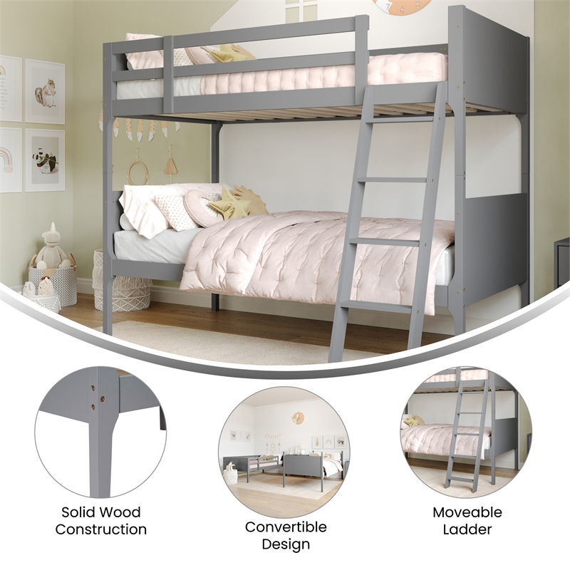 Twin Over Twin Convertible Slatted Solid Wood Bunk Bed Frame for Kids in Gray