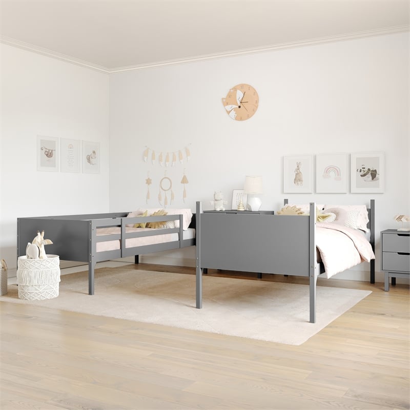 Twin Over Twin Convertible Slatted Solid Wood Bunk Bed Frame for Kids in Gray