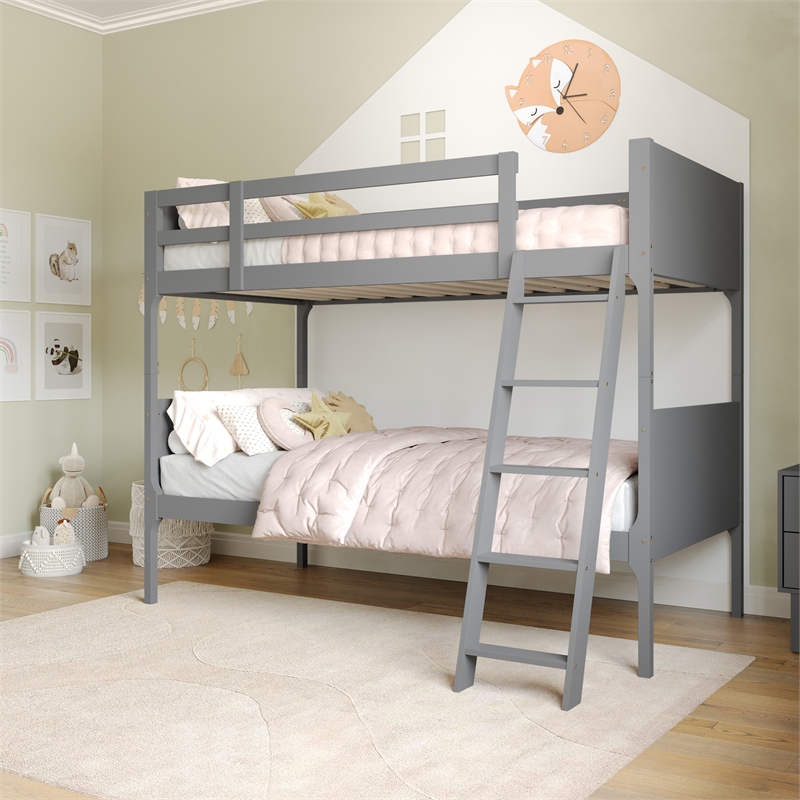 Twin Over Twin Convertible Slatted Solid Wood Bunk Bed Frame for Kids in Gray