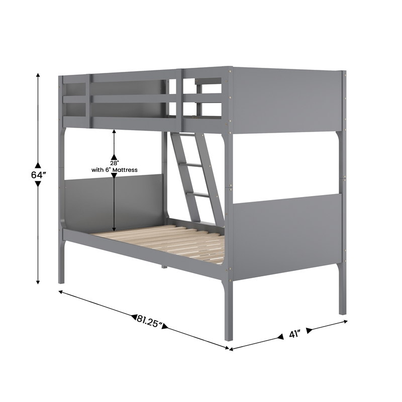 Twin Over Twin Convertible Slatted Solid Wood Bunk Bed Frame for Kids in Gray