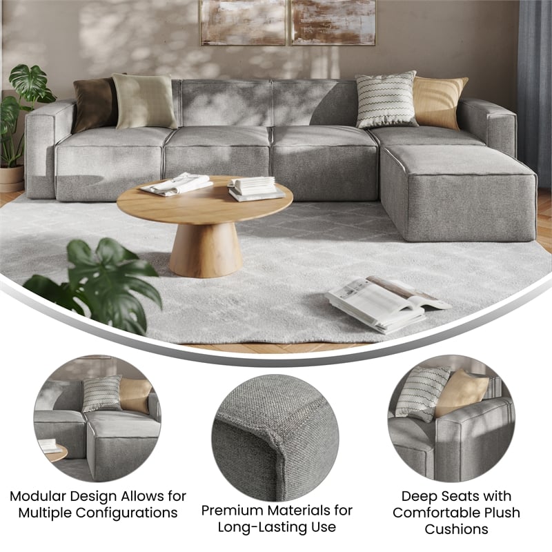 Contemporary 5 Piece Modular Sectional Sofa with Ottoman in Gray Fabric