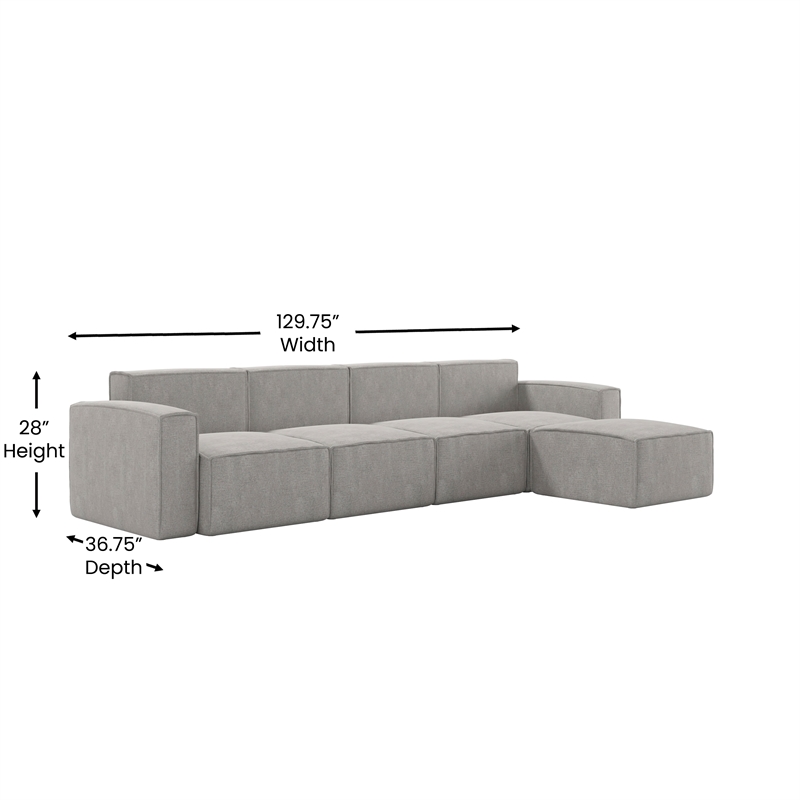 Contemporary 5 Piece Modular Sectional Sofa with Ottoman in Gray Fabric