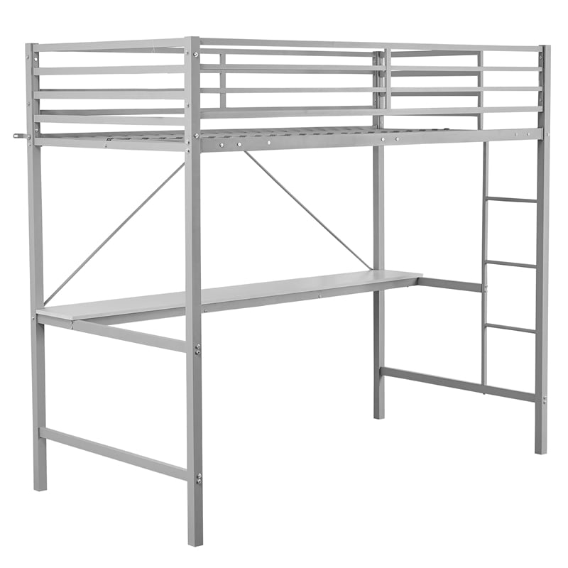 Sturdy Metal Loft Bed Frame in Gray with Desk and Safety Rails - Twin