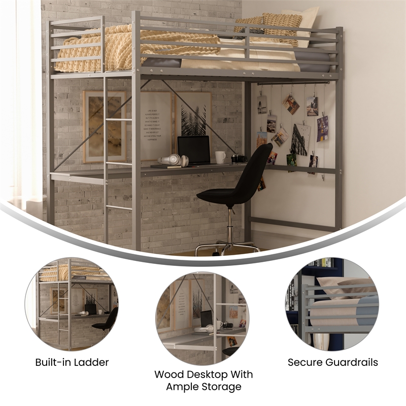 Sturdy Metal Loft Bed Frame in Gray with Desk and Safety Rails - Twin