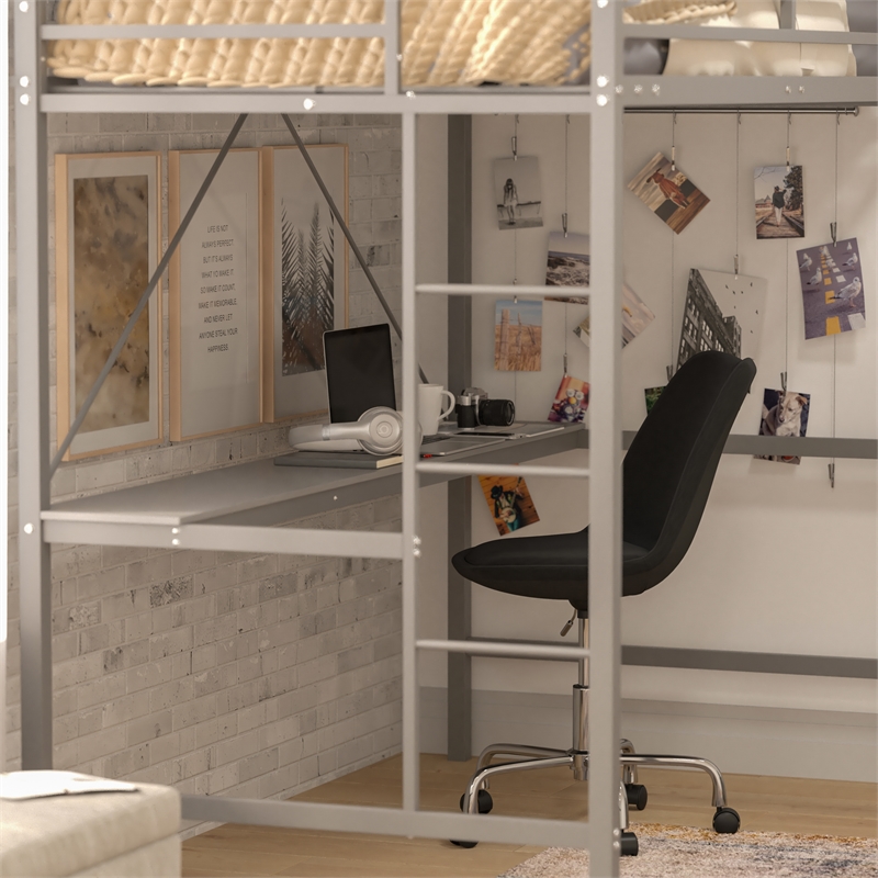Sturdy Metal Loft Bed Frame in Gray with Desk and Safety Rails - Twin
