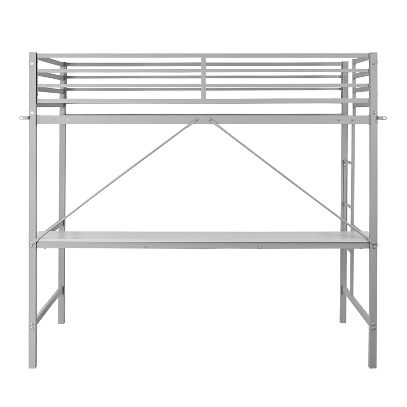 Sturdy Metal Loft Bed Frame in Gray with Desk and Safety Rails - Twin