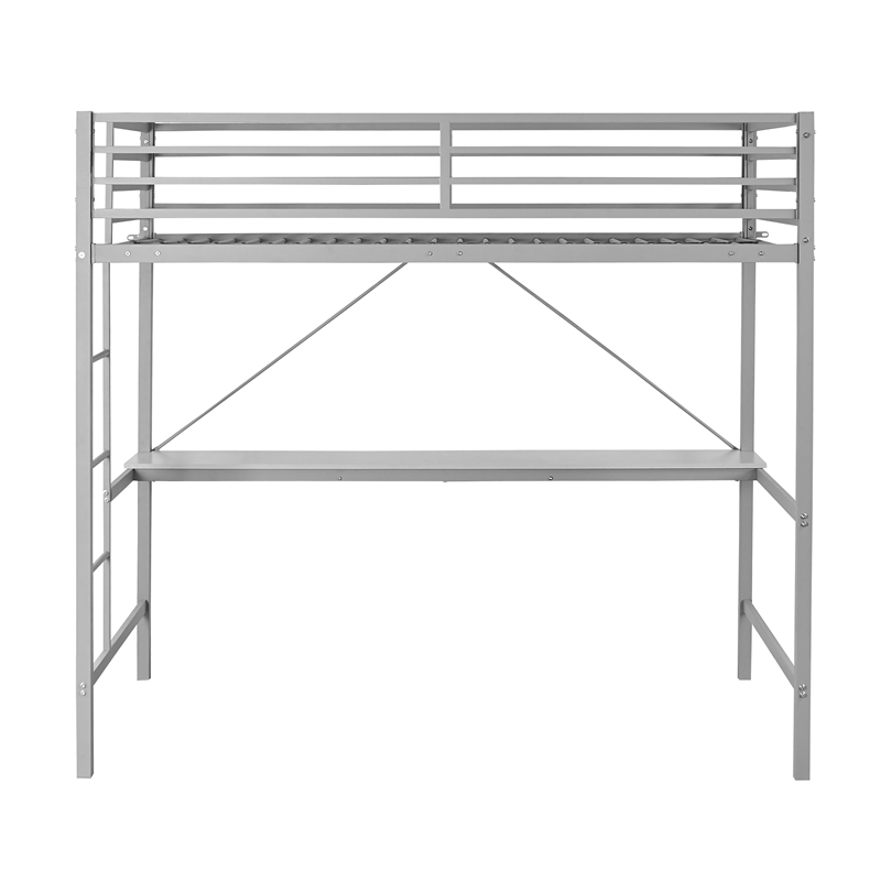 Sturdy Metal Loft Bed Frame in Gray with Desk and Safety Rails - Twin