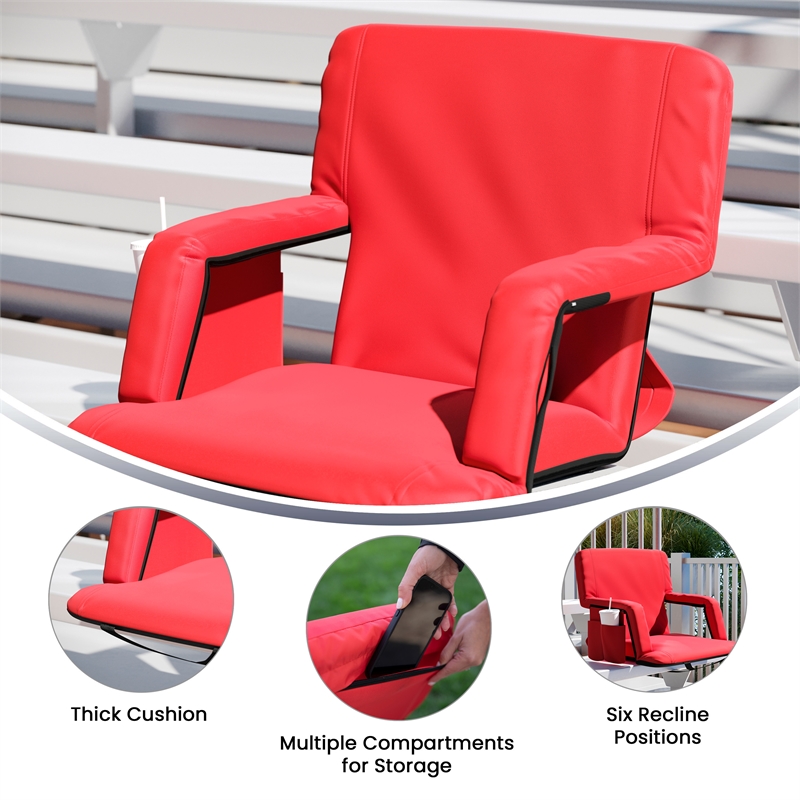Extra Wide Red Reclining Backpack Stadium Chair with Armrests & Storge Pockets