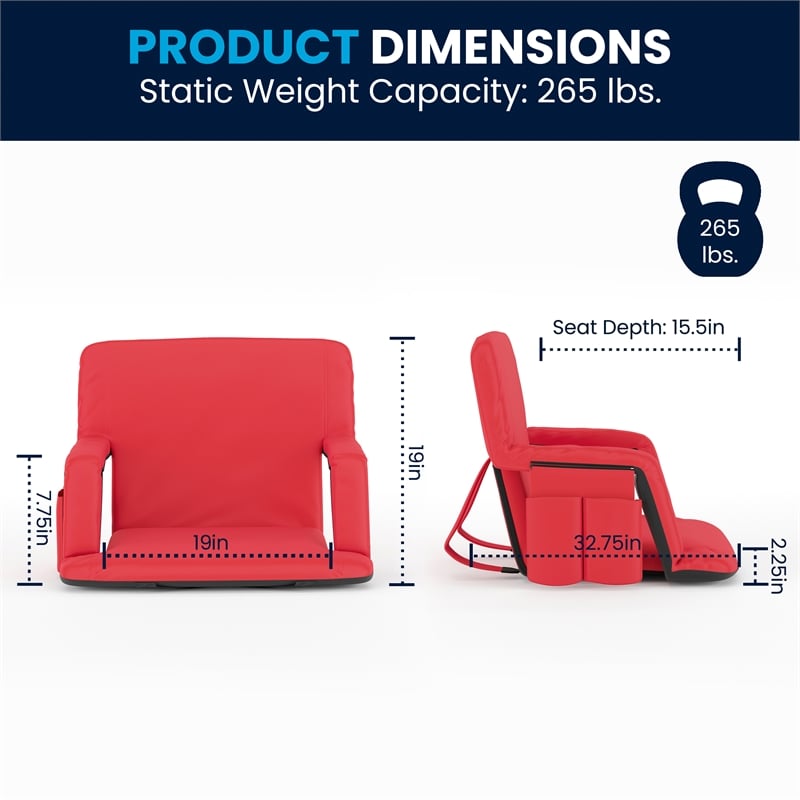 Extra Wide Red Reclining Backpack Stadium Chair with Armrests & Storge Pockets