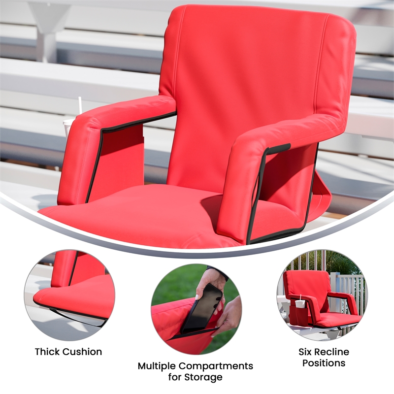 2 Pack Reclining Red Backpack Padded Stadium Chairs-Armrests & Storge Pockets