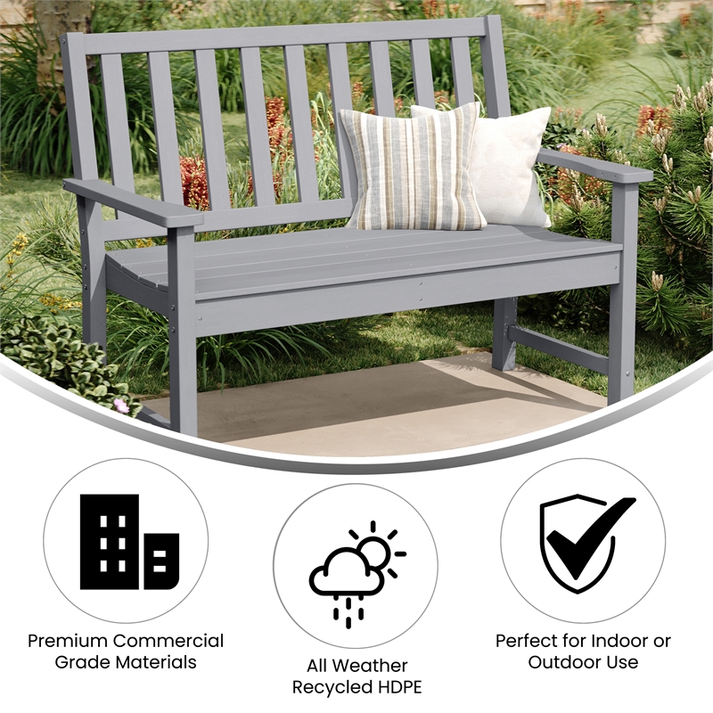 All Weather Heavy Duty Commercial Recycled HDPE Bench with Curved Seat in Gray
