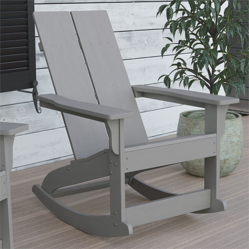 Modern 2-Slat Adirondack Poly Resin Rocking Chair for Indoor/Outdoor Use - Gray