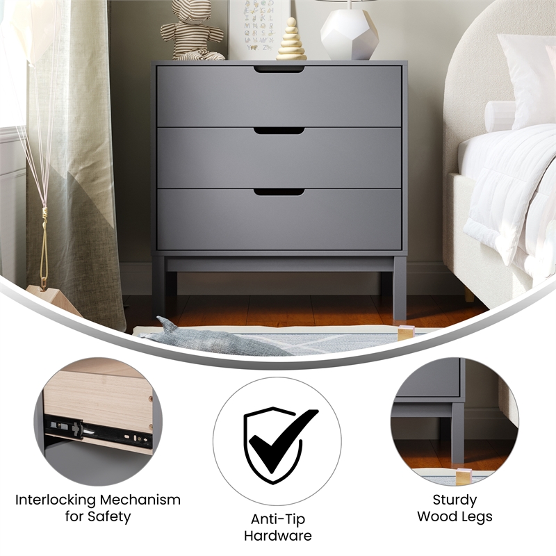 Wooden 3-Drawer Dresser with Smooth Bearing Slides for Kids Bedroom in Gray