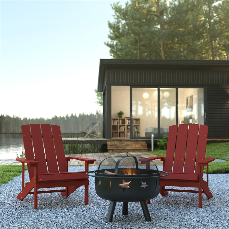 Star and Moon Fire Pit with Mesh Cover & 2 Red Poly Resin Adirondack Chairs