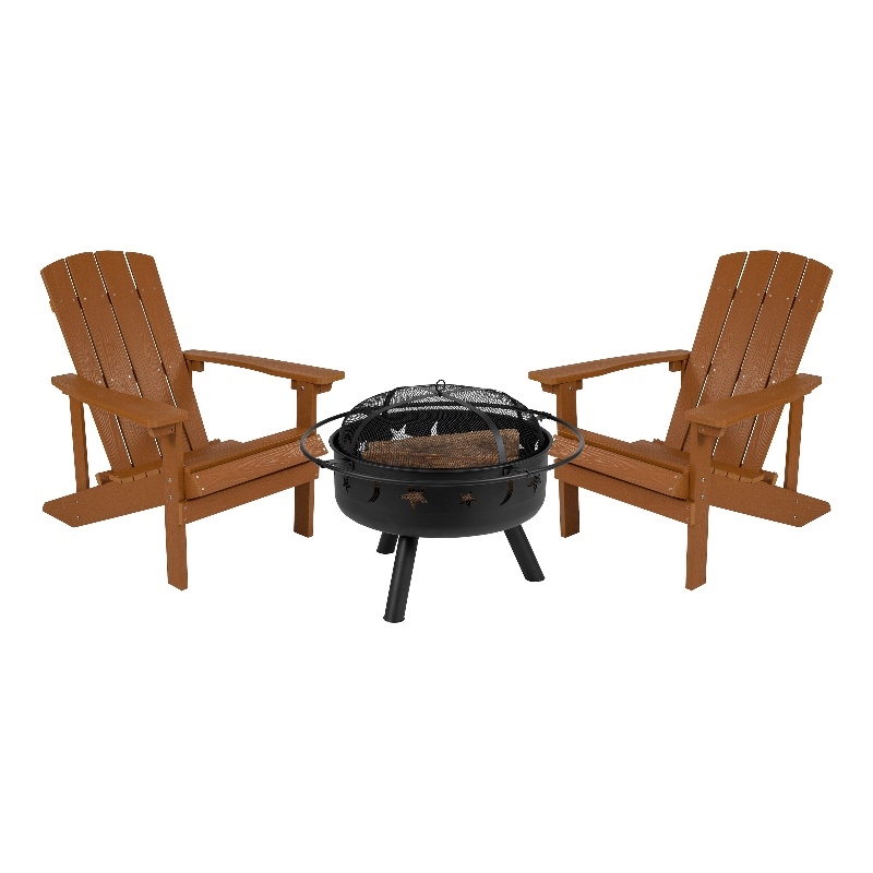 Star and Moon Fire Pit with Mesh Cover & 2 Teak Poly Resin Adirondack Chairs
