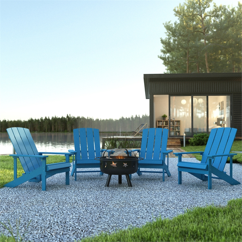 Star and Moon Fire Pit with Mesh Cover & 4 Blue Poly Resin Adirondack Chairs